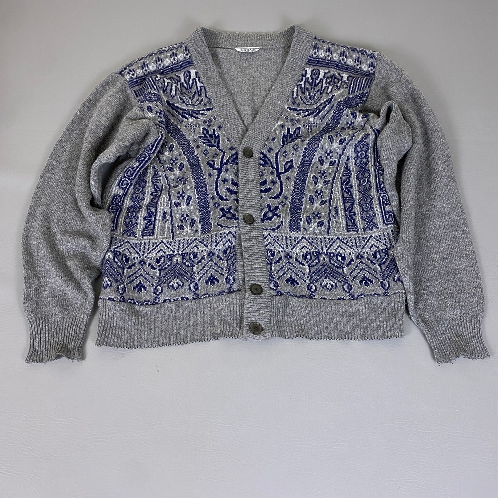Shetland Wool Cardigan Sweater Men's Large V-Neck Gray Blue Paisley Grandpa VTG